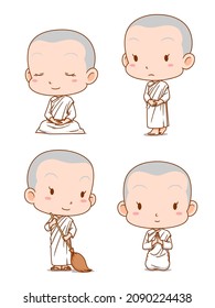 Cartoon character of Thai Buddhist in different poses.