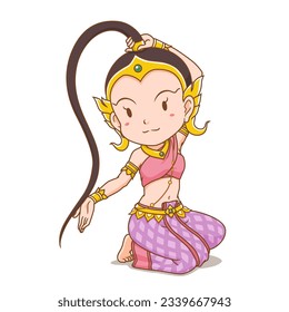 Cartoon character of  Thai Earth goddess  wringing the water from her hair.