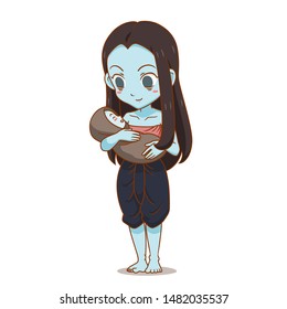 Cartoon character of Thai female ghost Carrying a child.