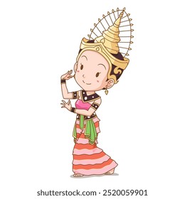 Cartoon character of Thai traditional dancer girl. Sukhothai dance of Thailand.