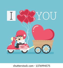 Cartoon character that is driving a motorcycle with a large heart symbol with the message I love you