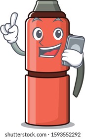 cartoon character of thermos bottle Scroll speaking with phone