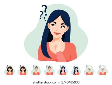 Cartoon Character With Thinking Lady Or Female Have Problems. Women Face Set Flat Icon Style Vector