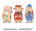 Cartoon character of  the three lucky gods in Chinese mythology. Fu Lu Shou.