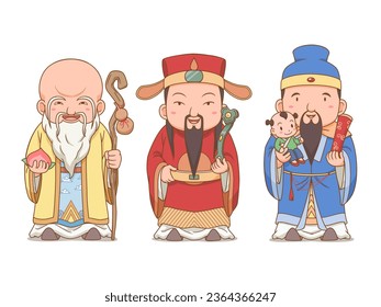 Cartoon character of  the three lucky gods in Chinese mythology. Fu Lu Shou.