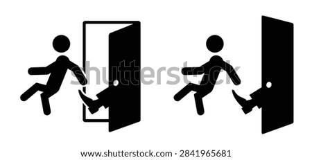 Cartoon character to throw someone out, fire, banish, or just get lost. Doorway concept. You're out concept. Gets a kick in the butt and is shown the door. Anyone getting kicked out, get lost.
