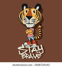 Tigre de personaje de caricatura y letras de graffiti. Obra vectorial.