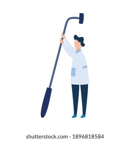 Cartoon character of tiny doctor with professional medical tool for patients health checkup and examination, flat vector illustration isolated on white background.