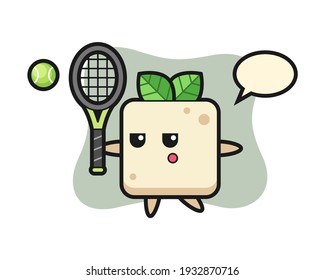 Cartoon character of tofu as a tennis player