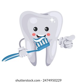 Cartoon character of a tooth brushing his teeth. Prevention, diagnosis and treatment of tooth and gum diseases. Dental hygiene and oral care. Tooth decay prevention. Health and medicine concept