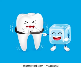 Cartoon character of tooth and ice. Sensitive Tooth To Cold.  Dental care concept, illustration isolated on blue background.