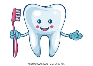 Cartoon character of a tooth with a toothbrush. Prevention, diagnosis and treatment of tooth and gum diseases. Dental hygiene and oral care. Tooth decay prevention. Health and medicine concept