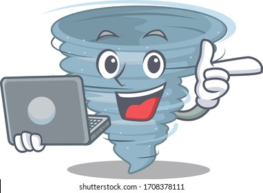 Cartoon character of tornado clever student studying with a laptop