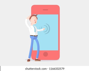 cartoon character touches the  blue phone screen . Vector illustration