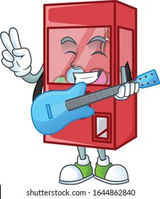 A cartoon character of toy claw machine playing a guitar