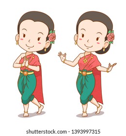 Cartoon character of traditional Thai dancer girl.
