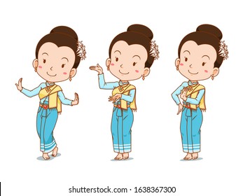 Cartoon character of traditional Thai dancer girl in different poses.