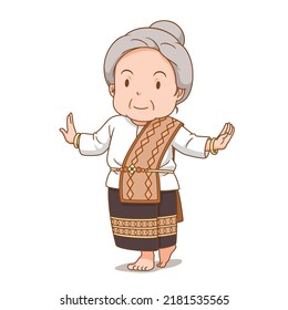 Cartoon character of traditional Thai dancer old lady.