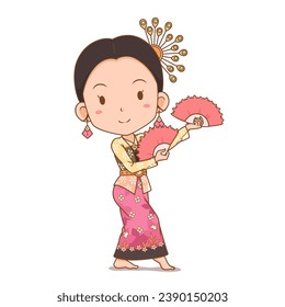 Cartoon character of traditional Thai dancer girl. Tarikipas folk dance of southern Thailand.