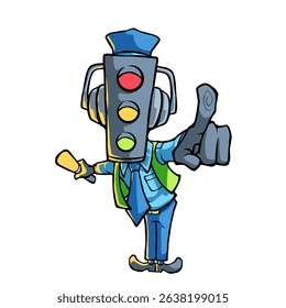 A cartoon character with traffic light head wearing headset in blue police uniform and green vest holding yellow stick light and pointing forward, cartoon mascot with white background