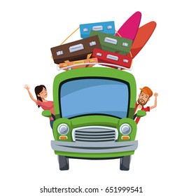 cartoon character travelers with vintage car with luggage on top