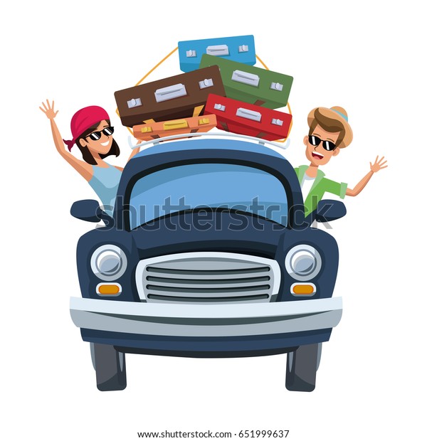 cartoon character travelers with vintage car with\
luggage on top