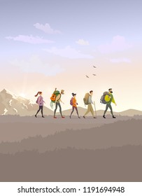 Cartoon character traveling people. Climbing on mountain. Vector illustration hiking and climbing team