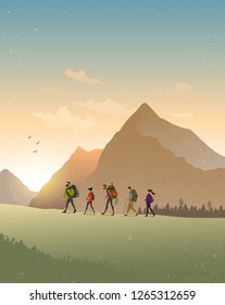 Cartoon character traveling people. Climbing on mountain. Vector illustration hiking and climbing team