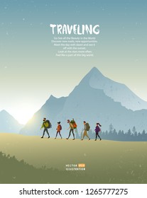 Cartoon character traveling people. Climbing on mountain. Vector illustration hiking and climbing team