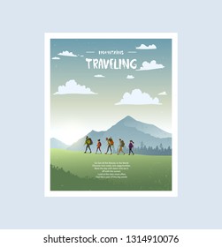 Cartoon character traveling people. Climbing on mountain. Vector illustration hiking and climbing team