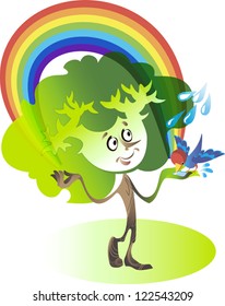 Cartoon character "tree" holds rainbow and water them from the palm forest birds
