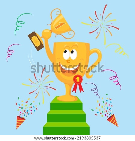 Cartoon character trophy expressing joy standing on top goal, illustrator vector cartoon drawing image painting
