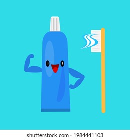 cartoon character of a tube of toothpaste posing with pumped up muscles on a blue background next to a brush for cleaning
