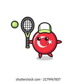 Cartoon character of turkey flag badge as a tennis player , cute style design for t shirt, sticker, logo element
