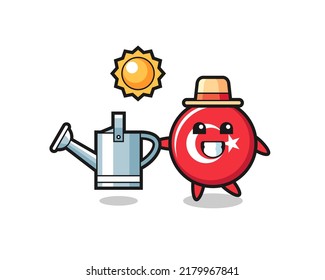 Cartoon character of turkey flag badge holding watering can , cute style design for t shirt, sticker, logo element