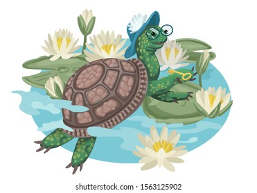 Cartoon character of turtle in glasses and hat. Turtle lying on lily pads in pond around Lotus flowers. Holding gold key in hand. Isolated on white background. Flat style vector illustration.