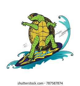 Cartoon character turtle in glasses colorful surfboard wave  hand drawn doodle sketch  isolated vector color illustration