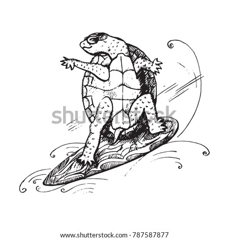 Cartoon Character Turtle Glasses On Surfboard เวกเตอร์สต็อก (ปลอดค่า