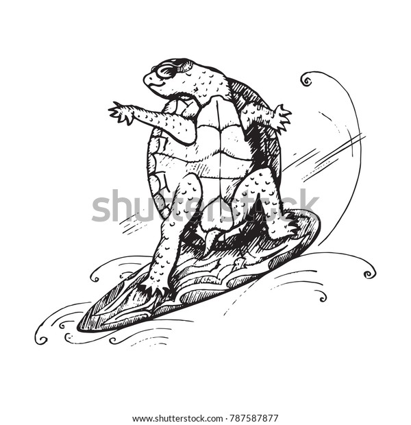 Cartoon Character Turtle Glasses On Surfboard Stock Vector