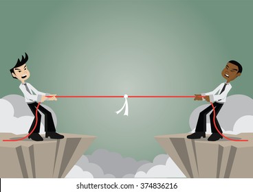 Cartoon character, Two businessmen poach pulling a rope on cliffs, vector eps10