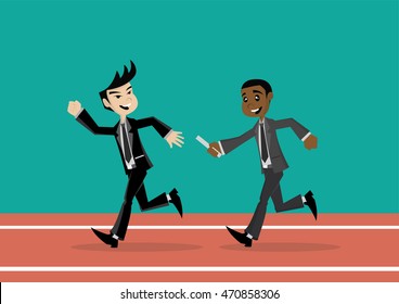 Cartoon Character, Two Businessmen Relay Race., Vector Eps10