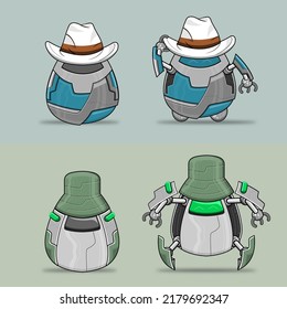Cartoon character of two cute robots with poses using different hats