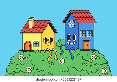 Cartoon character two or duo house on a green hill vector illustration retro vintage hand drawn