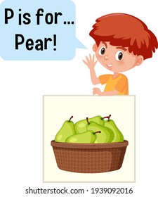 Cartoon character of two kids spelling fruit vocabulary illustration