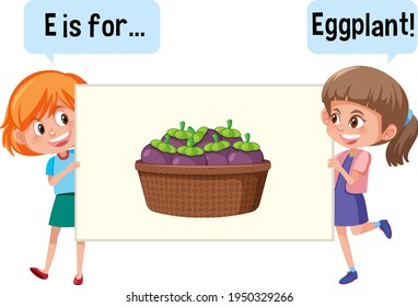 Cartoon character of two kids spelling fruit vocabulary illustration