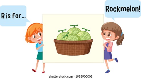 Cartoon character of two kids spelling fruit vocabulary illustration