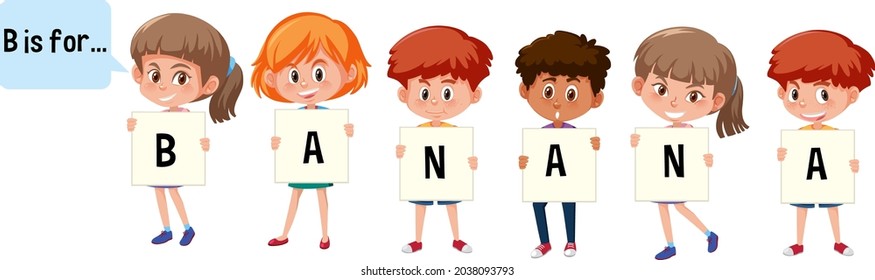 Cartoon character of two kids spelling fruit vocabulary illustration