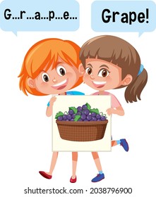 Cartoon character of two kids spelling fruit vocabulary illustration