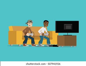 Cartoon character, Two man playing game at home., vector eps10