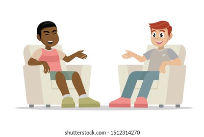 Cartoon character, Two Men Sitting in Chairs Facing Each Other Having in Conversation.,vector eps10
